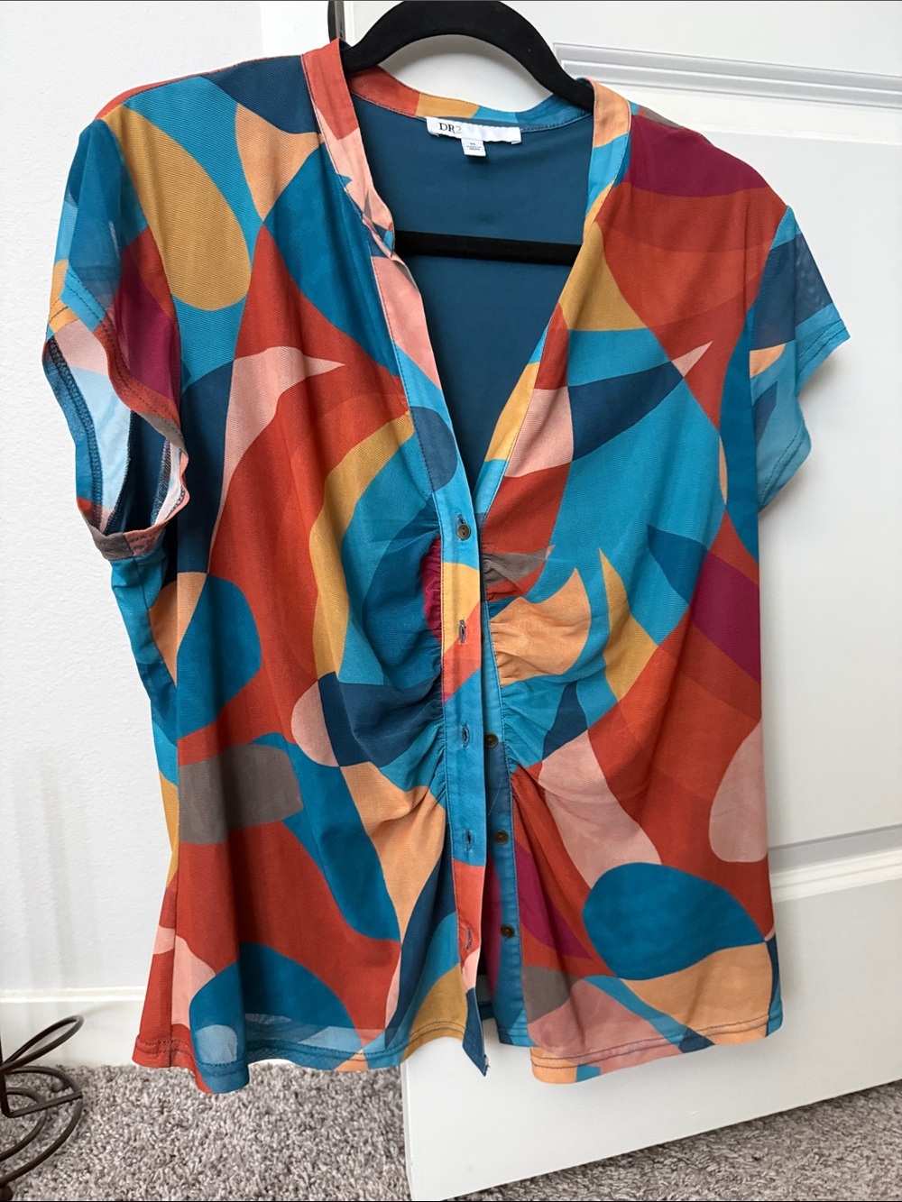 DR2 Multicolor Abstract Button-Front V-Neck Top - Teal, Rust & Mustard